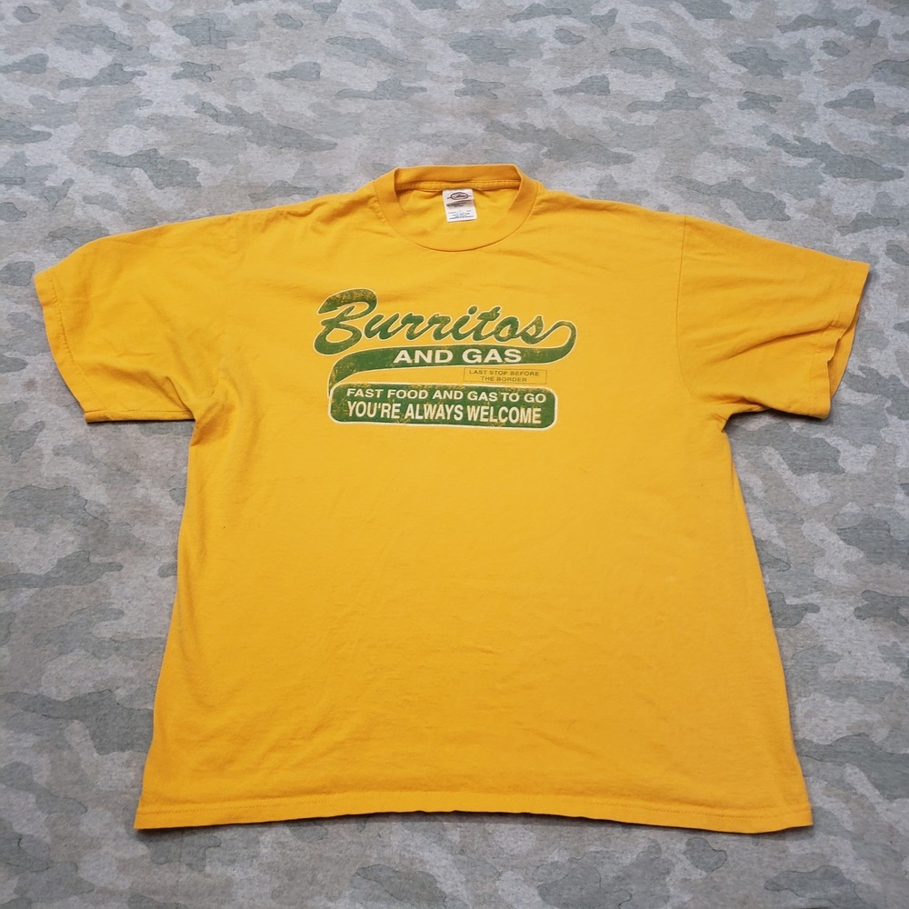 Vintage Delta Burritos and Gas Shirt Mens Large Yellow Short Sleeve Knit In USA